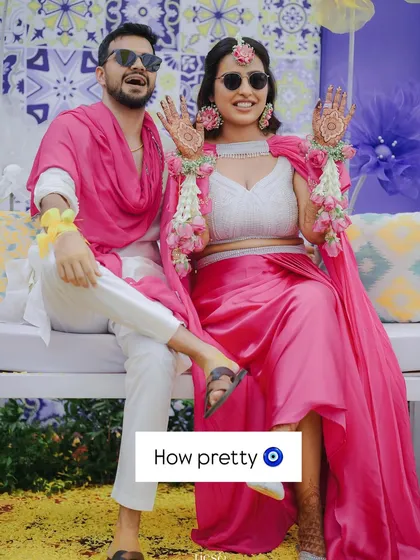 Our bride Pragya looking absolutely stunning in a modern pink outfit for her Haldi. We love when brides experiment with contemporary looks, and we design the decor to complement their style.
