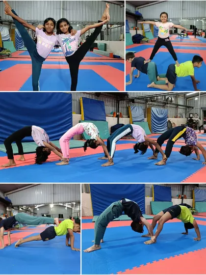 Teamwork makes the dream work! This collage shows our students practicing partner acrobatics, leg holds, and group bridges. These activities build strength, trust, and communication skills.