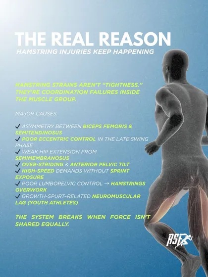 Recurring hamstring injuries are not about "tightness"; they are coordination failures. This infographic outlines the real causes, such as asymmetry between muscles, poor eccentric control, and weak hip extension.