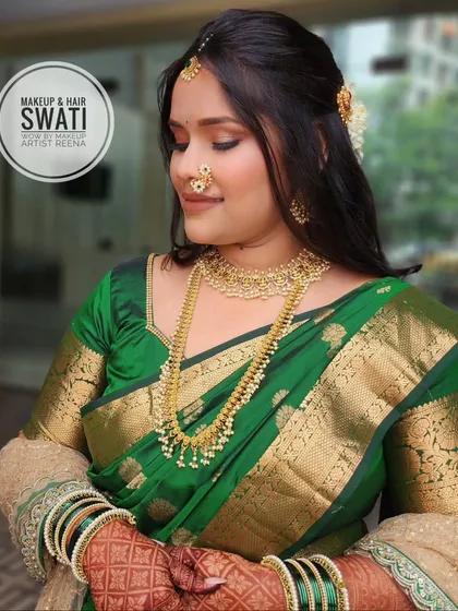 Our bride-to-be looking serene and beautiful. The traditional attire and elegant makeup create a timeless look.