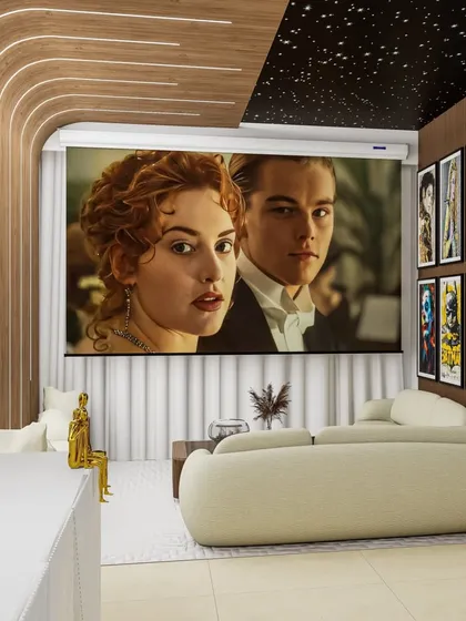 Another view of the home theater room, showing the gallery wall of movie posters and the sleek, minimalist console. This space is designed for the true film enthusiast.