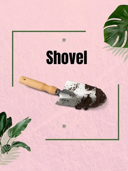 This graphic features a hand shovel, a must-have tool for any gardener for planting and weeding.