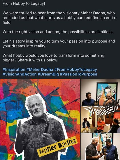 A collage celebrating Maher Dadha's talk at Dwija Art Gallery, capturing the story of turning a hobby into a legacy and inspiring others to transform their passion into purpose.