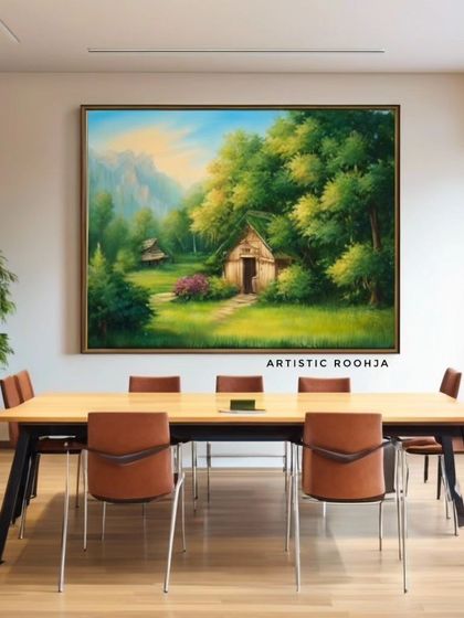 This mockup shows a large landscape painting in a conference room, providing a window to a serene, natural world.