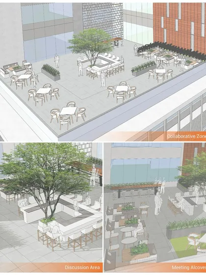 A detailed view of the collaborative zones on the Mohali office terrace. The design includes various seating arrangements, from large communal tables to smaller meeting alcoves, offering a dynamic yet tranquil space where nature can inspire work.
