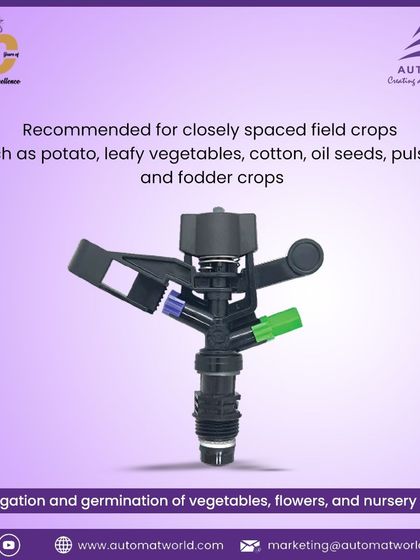 Our 22XU mini sprinkler is highly recommended for closely spaced field crops. It is ideal for the irrigation and germination of potatoes, leafy vegetables, cotton, oil seeds, pulses, flowers, and nursery crops.