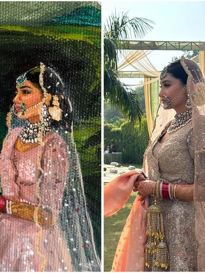 Here you can see the bride's portrait from the painting next to her photo. Capturing the delicate details of the jewelry, the sheer dupatta, and her expression is my top priority.