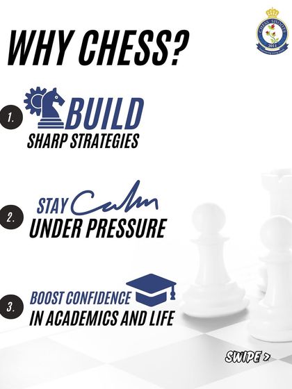 Why chess? This infographic lists three key benefits: building sharp strategies, staying calm under pressure, and boosting confidence in academics and life.