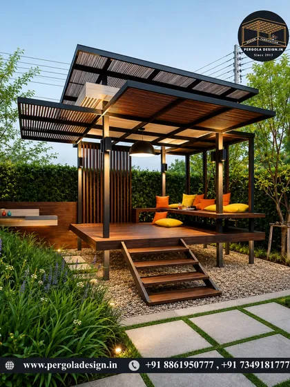 This elevated garden lounge is a stunning example of a modern retreat. The pergola features a two-tiered roof and is set on a wooden deck, creating a luxurious, resort-style feel with vibrant cushions for a pop of color.