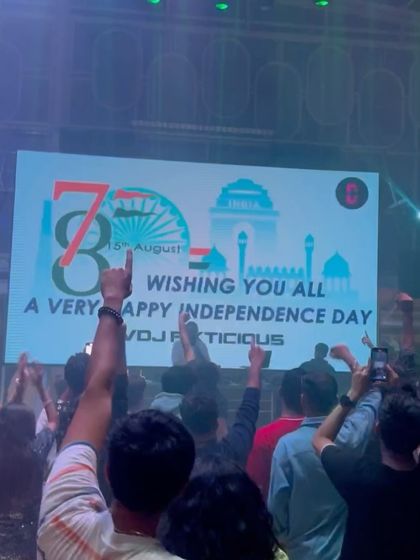 My custom VJ graphics for Independence Day, displayed on the big screen as the crowd celebrates. Visuals are key to setting the tone for special events.