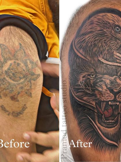 The before-and-after shot of the lion and eagle cover-up. The transformation is incredible, showing how a well-planned design can completely erase the past.