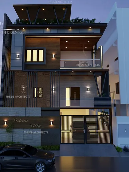 A slightly different angle of the "Vishnu Villa" 3D render, providing a clearer view of the entrance and the car porch area.