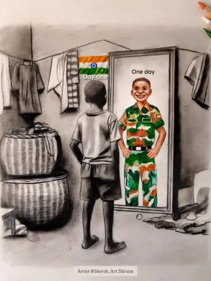 This piece, "Dream, Believe, Achieve," is a conceptual sketch about aspiration. It shows a young boy seeing his future self as an Indian soldier in the mirror. I used charcoal for the present reality and color for the dream to highlight the power of hope.