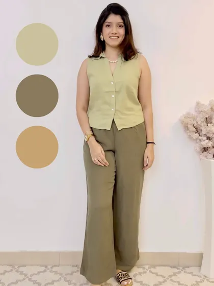 An earthy and calming monochromatic look. This outfit pairs different shades of green and beige for a relaxed and sophisticated style.