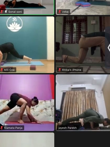 This collage shows the variety of asanas we practice in our online sessions, from gentle stretches to more challenging arm balances.