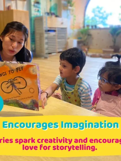 An instructor shows a picture book to two curious children. Stories are a powerful tool to encourage imagination and spark a love for storytelling.