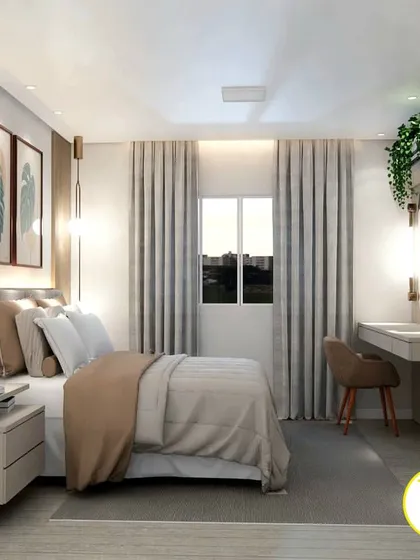 A full view of the bedroom, showing the bed, dressing table, and the large window that provides a beautiful view.