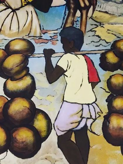 A scene from our "Glimpse of Tulunad" mural, showing local workers carrying coconuts. This artwork celebrates the everyday life and labor that are part of our region's identity.