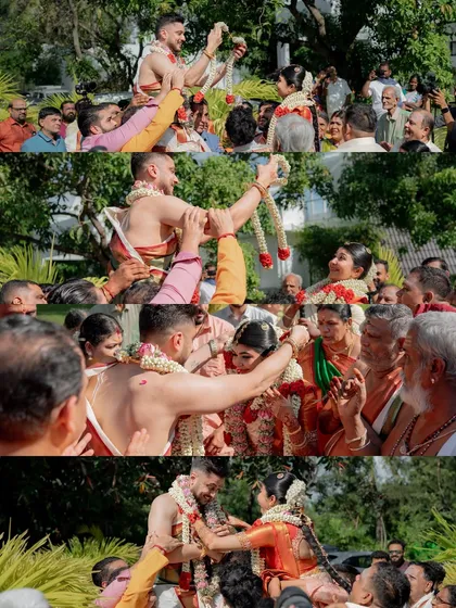 The Jeelakarra Bellam ritual during Varun and Priya's wedding. This moment, where the couple is lifted by their families, is always full of energy and excitement.