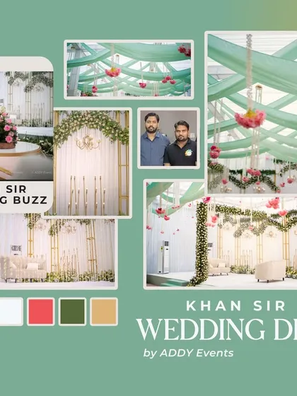 A collage showcasing the elegant decor for Khan Sir's Patna wedding. The pastel green and white color palette, combined with floral details and sophisticated seating, created a timeless and graceful event.
