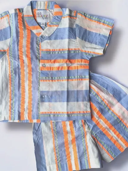 I love the combination of blue, orange, and white stripes in this set. It's a fresh and bright look for any little boy, and the cotton is as comfy as can be.