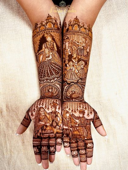 A royal bridal mehendi for my cousin, featuring multiple intricate scenes from a traditional wedding, including the varmala and family portraits.