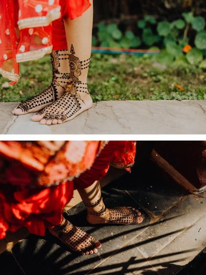 A focus on the beautiful Mehendi art on the bride's feet, a detail that is often overlooked but is so rich in tradition.