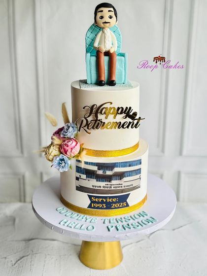 Goodbye tension, hello pension. This two-tier retirement cake celebrates a long career, featuring an edible photo of the workplace and a custom fondant figure ready to relax.