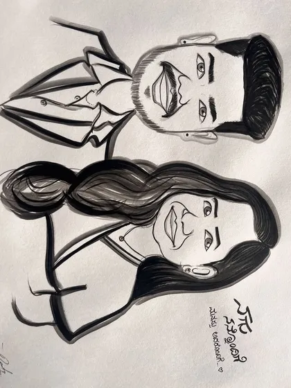 This couple's caricature features a personal message in Kannada, making it a truly unique and culturally relevant piece of art.