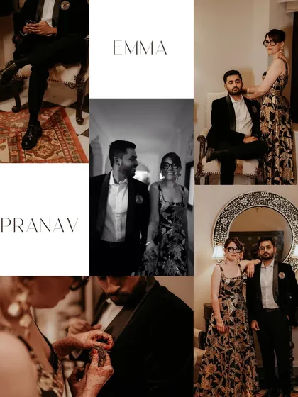Another stylish collage from the cocktail party, showcasing details like the groom's suit and the couple's playful interactions.
