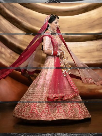 A full-length bridal portrait with an artistic glitch effect, giving a modern and edgy twist to a classic wedding photo.