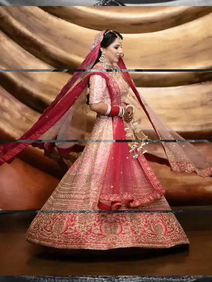 A full-length bridal portrait with an artistic glitch effect, giving a modern and edgy twist to a classic wedding photo.
