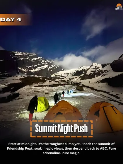 Day 4 is the summit night push. We start at midnight for the toughest climb, reach the peak for epic views, and then descend. Pure adrenaline, pure magic.