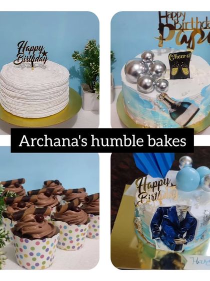 A collage showing a variety of cakes for men and some chocolate cupcakes.