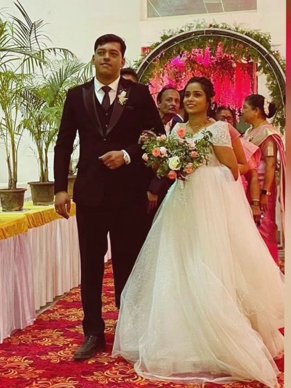 My lovely bride Renuka on her special day. We created this handmade designer gown with intricate embroidery and delicate embellishments to match her joyous occasion.