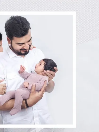 A lovely diptych showing a candid family moment on one side and a peaceful portrait of the baby sleeping with a teddy bear on the other.