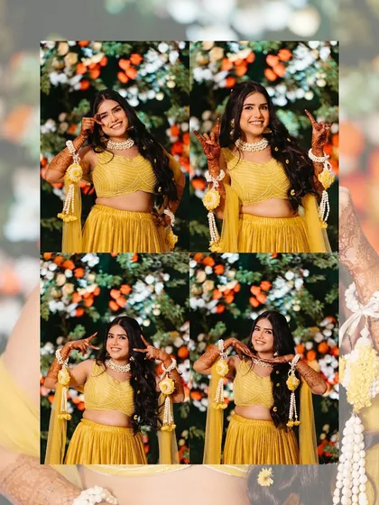 A fun and quirky collage of the bride making playful faces for the camera during her haldi. It shows her fun-loving personality and the joyous spirit of the event.