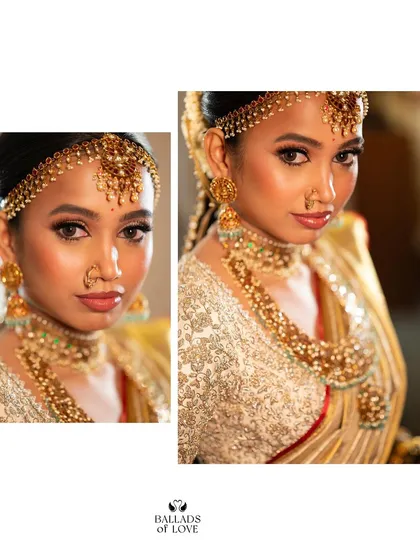 A bride and groom portrait, where the bride wears a beautiful gold Kanchipuram saree. Her custom blouse is fully embroidered, adding to the opulence of her wedding day look.