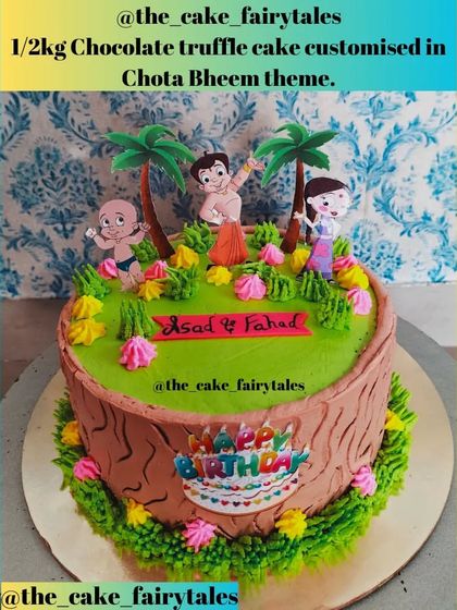 A full shot of the half-kilo Chocolate Truffle cake customized in the Chota Bheem theme.