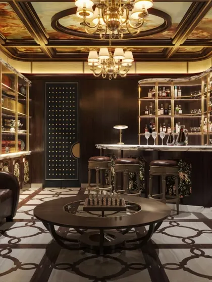 We excel at creating specific moods. This classic lounge and bar area uses a palette of dark wood, rich leather, and warm, low-key lighting to evoke a timeless sense of sophistication and intimacy, perfect for high-end hospitality or residential projects.