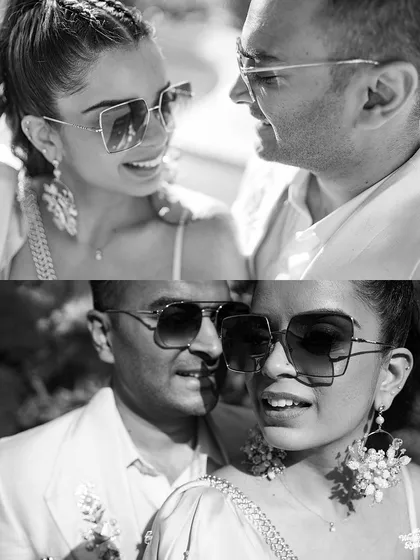 Stylish black and white portraits of the couple in sunglasses, capturing their cool and modern vibe.