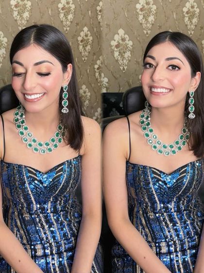 A side-by-side view of this gorgeous party look. The soft glam approach with a touch of sparkle is perfect for any celebration.