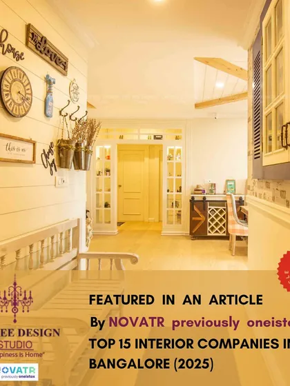 An announcement of being featured as a Top 15 Interior Company in Bangalore by NOVATR.