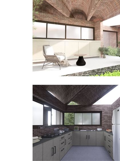 Further renderings of the farmhouse project, showing the kitchen and a sit-out area under the vaulted brick ceiling. The material palette is minimal, dominated by kiln bricks, concrete, and stone flooring.
