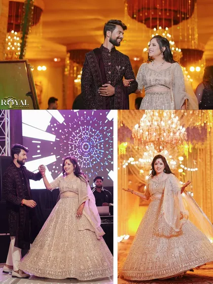 A collage from an engagement party, showing the couple dancing and the bride enjoying her moment to shine.