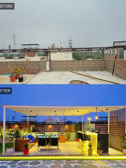 From a messy construction area to a chic rooftop lounge. We installed a large white pergola, a stylish bar, and comfortable seating, all defined by a beautiful stone pathway and artificial grass.