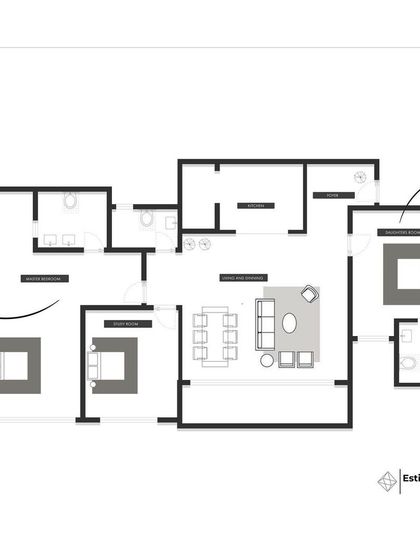 Every project begins with a solid plan. This 2D floor plan for a villa shows the initial space planning, outlining the layout of different rooms and furniture placement to ensure optimal flow and functionality.