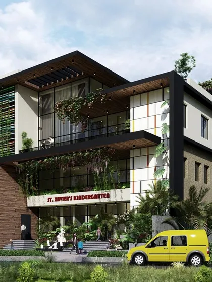 A perspective view of the St. Xavier's Kindergarten, showing how we integrated balconies and green spaces into the building's structure. This approach provides breakout areas and ensures the building feels connected to its natural surroundings.