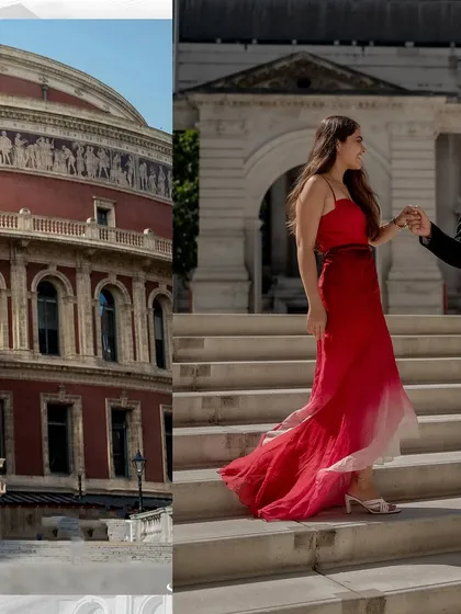 A collage that combines a view of the iconic building with a candid shot of the couple walking down the steps, hand-in-hand. It tells a story of a romantic day out in the city.