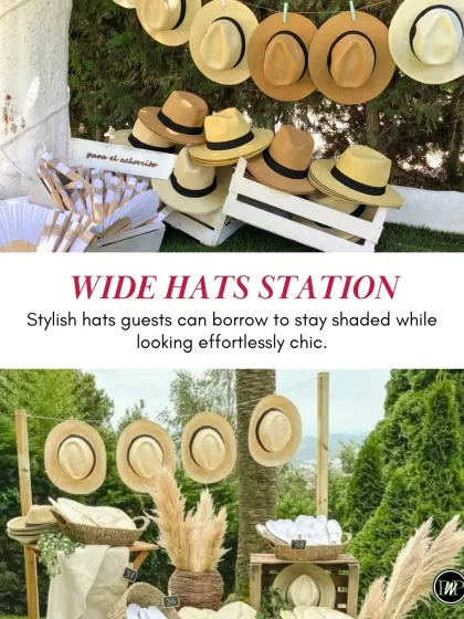 For sunny outdoor ceremonies, we set up stylish hat stations. It's a thoughtful touch that provides comfort for your guests and adds a chic, photogenic element to your destination wedding festivities.